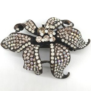 JANUS Hair Clip Vintage Rhinestone Bronze Crystal Flower‎ Claw Clip Rhinestone